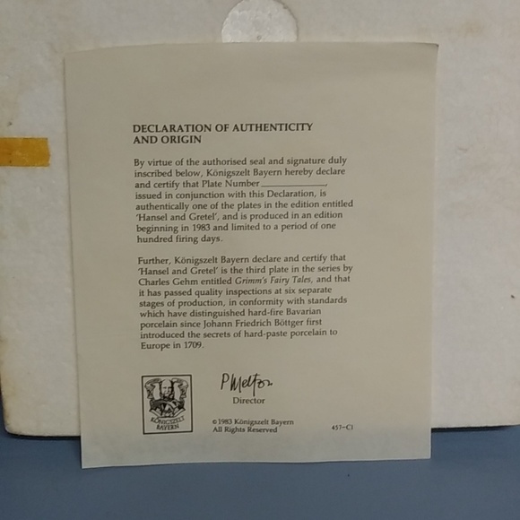 1981 Hansel & Gretel  Collectors Plate Germany in Box w/ Paperwork - Picture 5 of 7